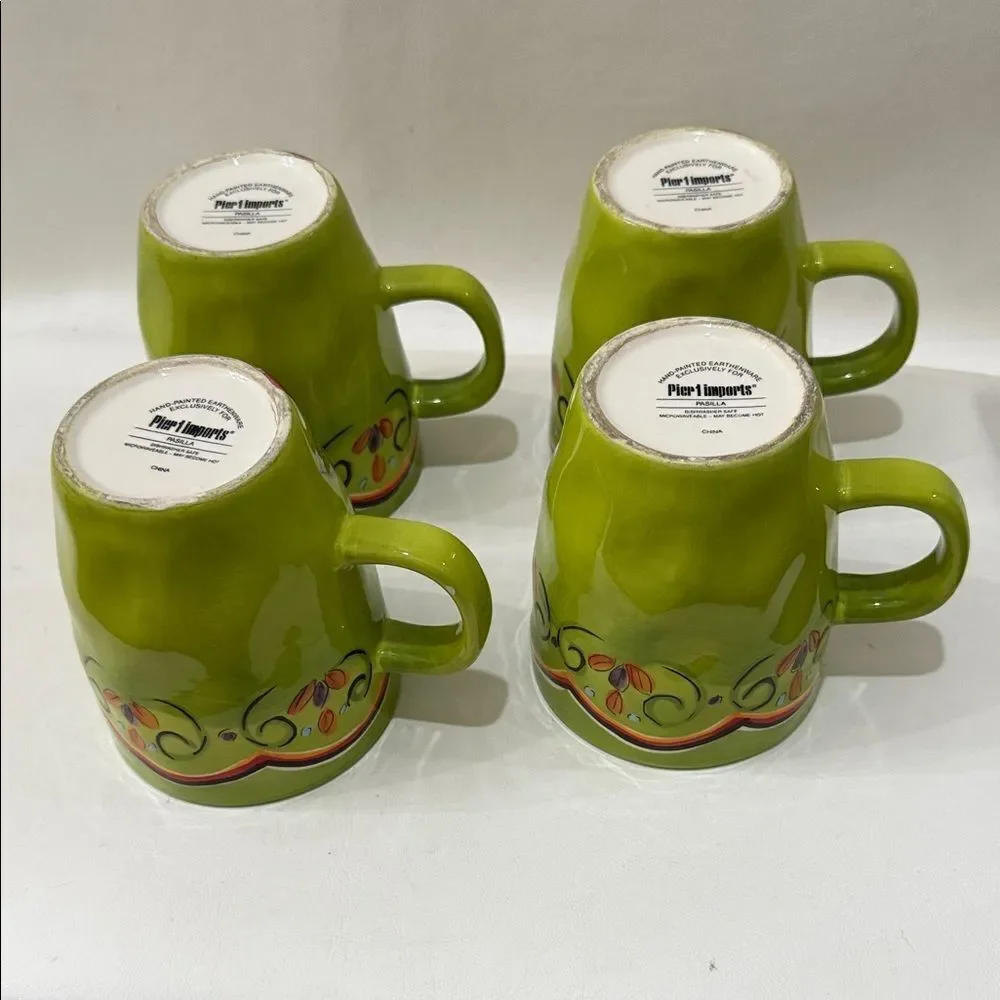 Pier 1 Pasilla Mug Set 4 Green Yellow Pepper Theme 3 1/2 In Round 4 1/4 In Tall